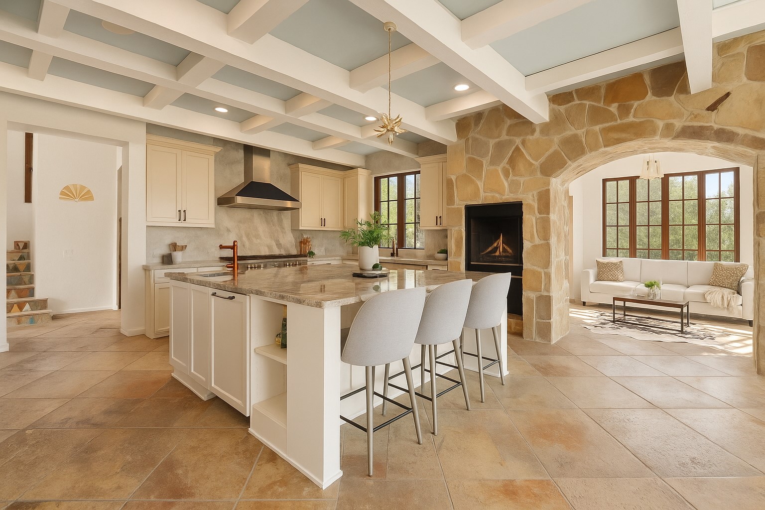 203 Bella Riva Drive Austin, TX 78734 - Photo 27 of 40 a kitchen with stainless steel appliances kitchen island granite countertop a stove a sink a dining table and chairs