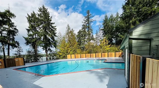 a view of a swimming pool with a yard