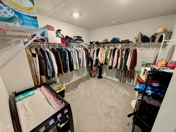 a view of walk in closet with clothes and shoes