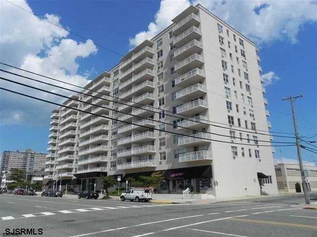 a view of a building and a street