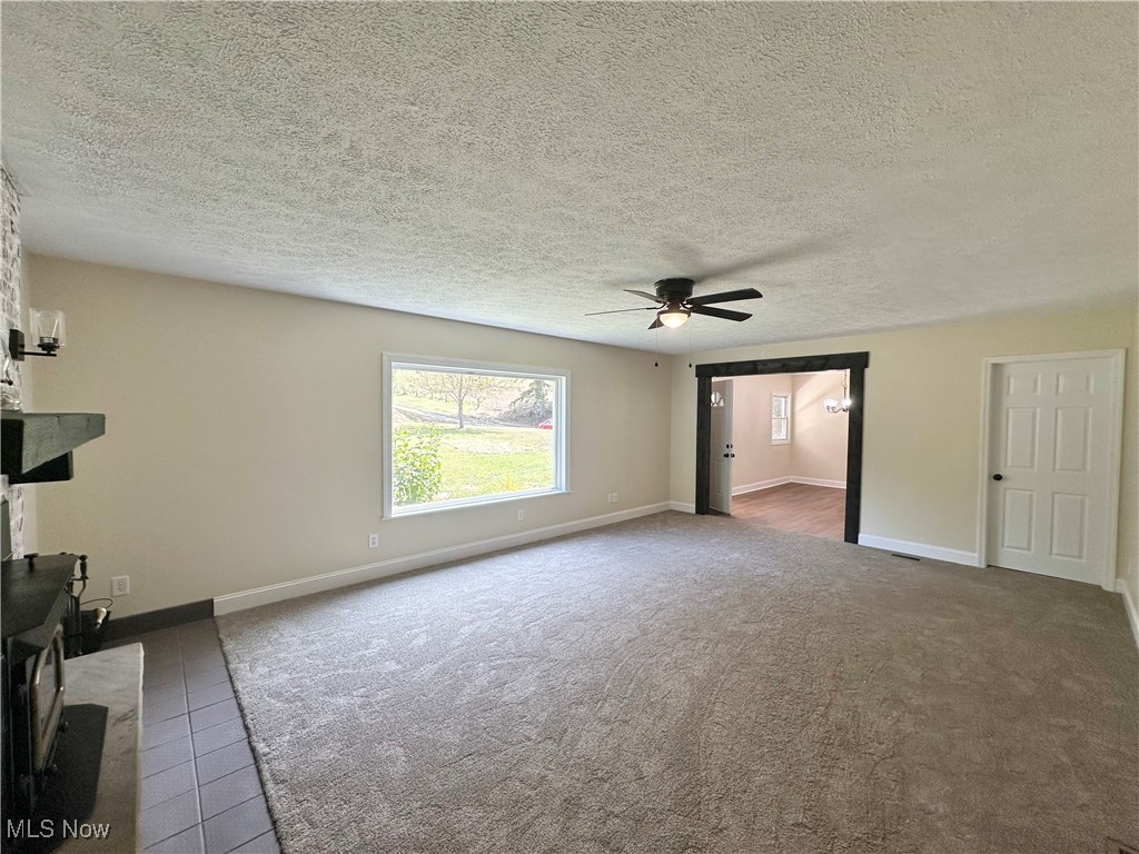 2372 Oak Grv Ext Road St. Marys, WV 26170 - Photo 4 of 23 Living room featuring carpet flooring, ceiling fan, a wood stove, and a textured ceiling