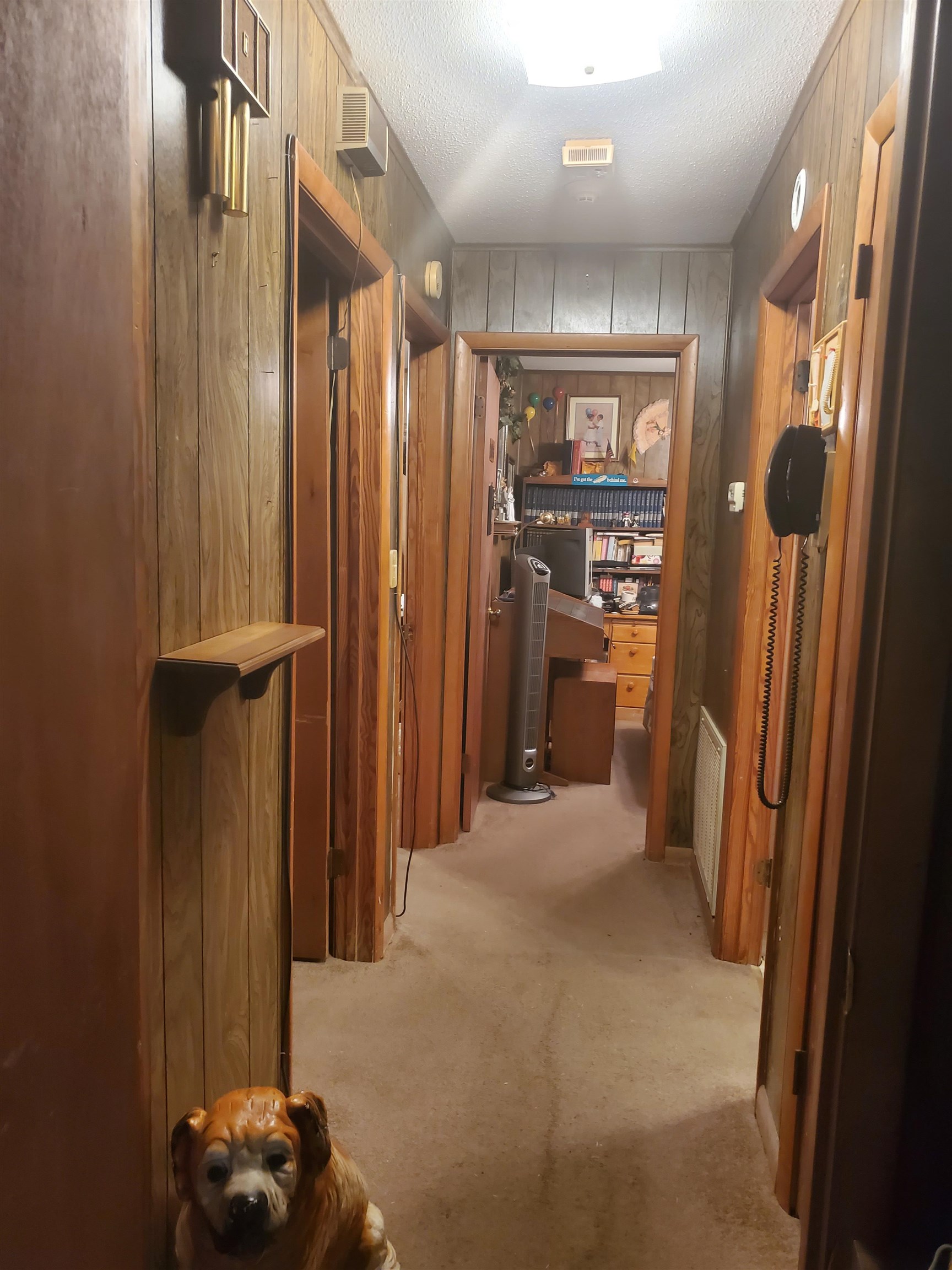 147 Rogers Street Sharon, TN 38255 - Photo 8 of 16 Hallway featuring wood paneling, multiple doorways with wood trim, and carpet flooring