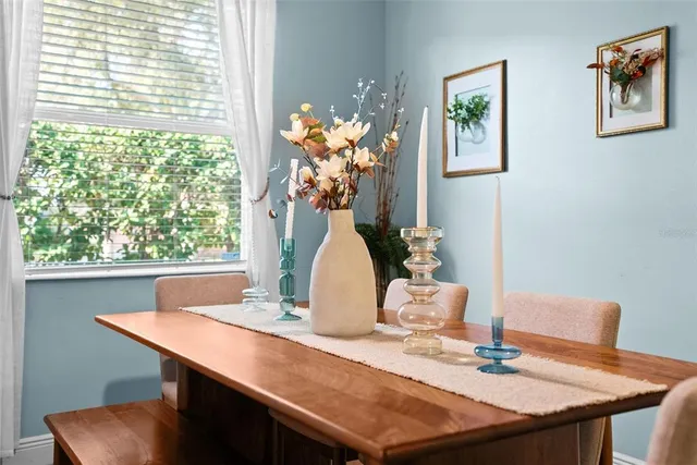 a view of a dining room with furniture window and wooden floor