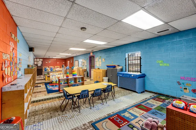a outdoor dining space with furniture