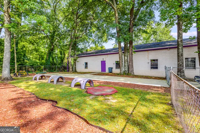 a view of a park with slide