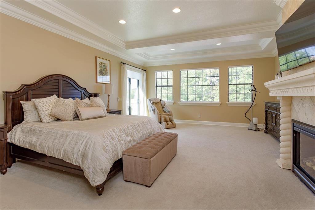 5719 Emerson Pointe Way Orlando, FL 32819 - Photo 19 of 50 a spacious bedroom with a bed and a fireplace