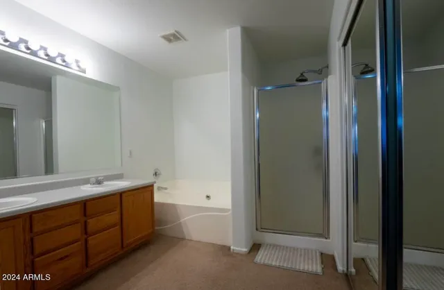 a bathroom with a double vanity sink a toilet and shower