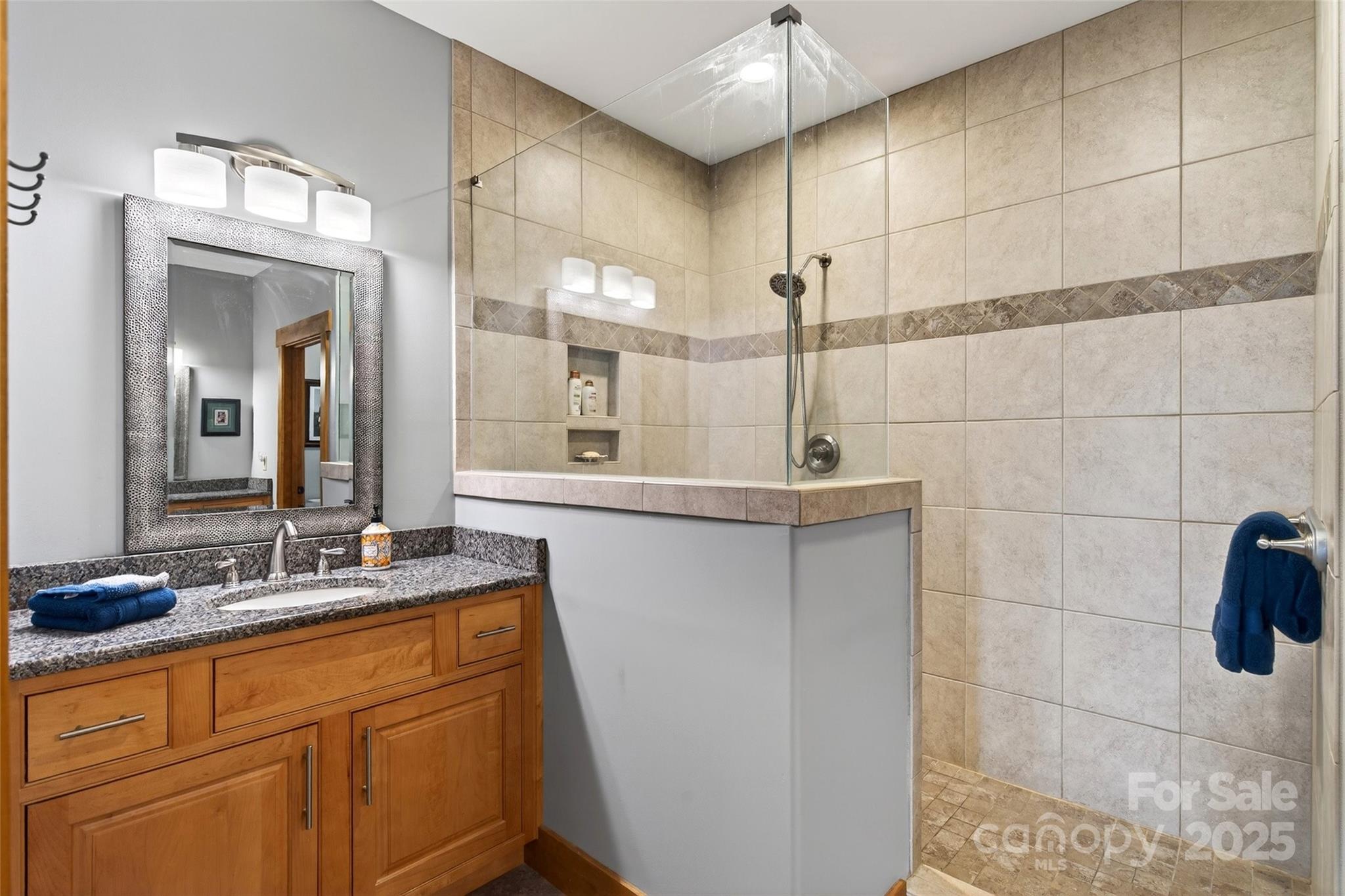 242 Lakeview Trail Nebo, NC 28761 - Photo 28 of 46 a bathroom with a double vanity sink a mirror and a shower