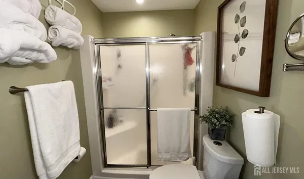 a bathroom with a shower and toilet