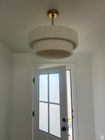 4740 West 25 North West Point, UT 84015 - Photo 13 of 15 Layered drum pendant light with a brass-finish fixture, white trim, and a paneled door with divided lites and matte black hardware