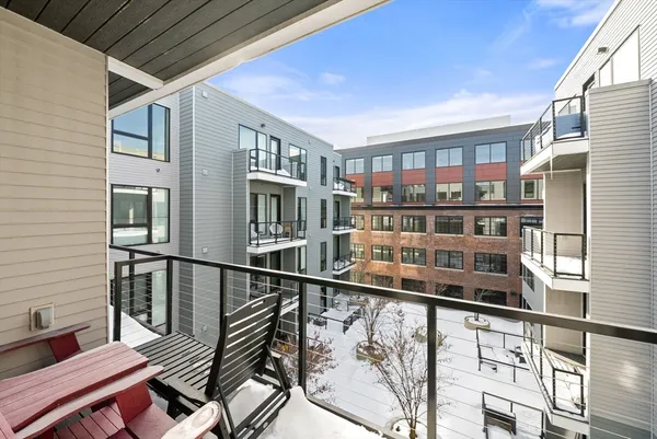 a view of a building from a balcony