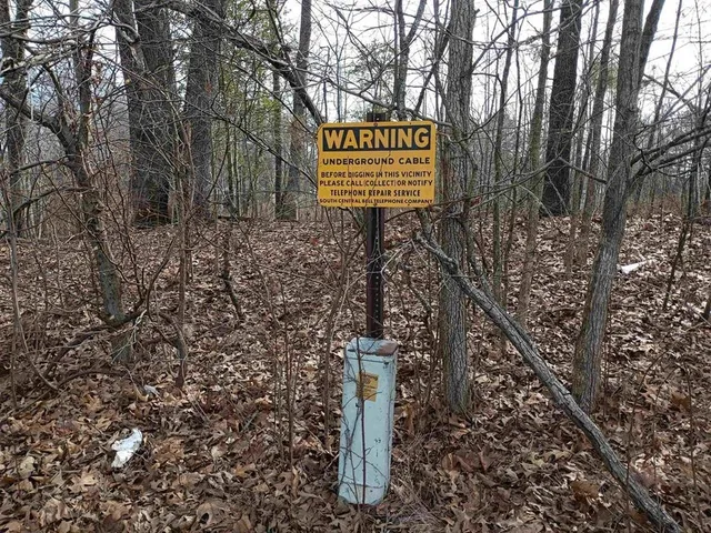 a sign board with tall trees