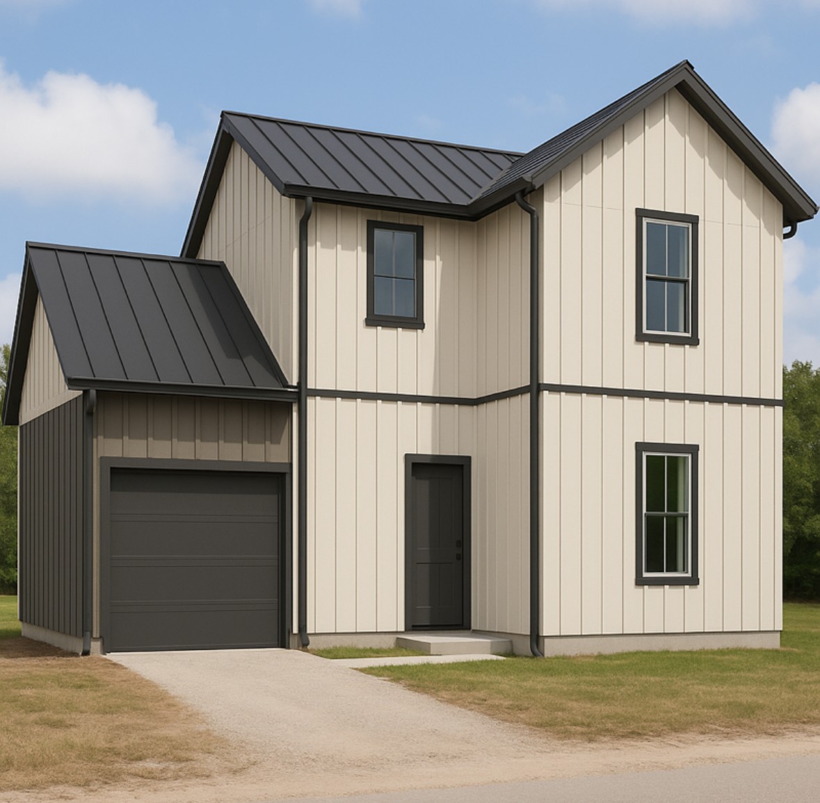 Modern farmhouse with a standing seam roof, board and batten siding, driveway, a metal roof, and an attached garage