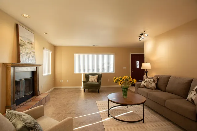 a living room with furniture and a fireplace