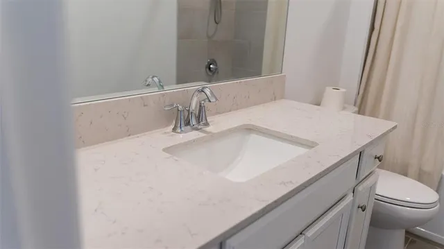 a bathroom with a sink a toilet and mirror