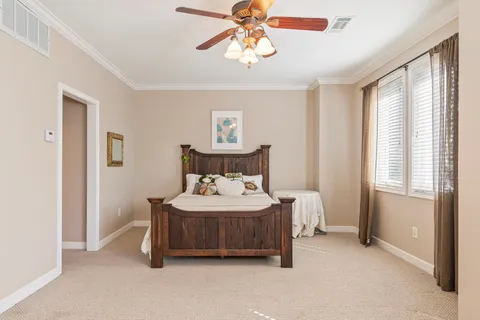 a bedroom with a bed and a chandelier fan