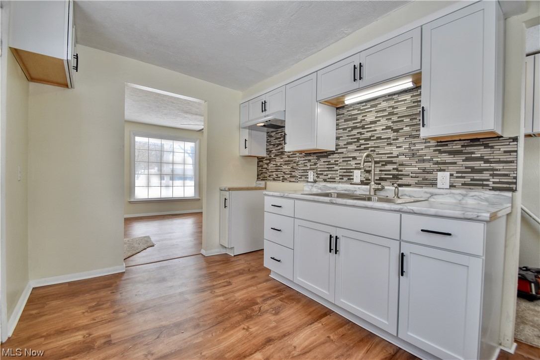 1512 Hubbard Road Madison, OH 44057 - Photo 13 of 27 Kitchen featuring sink, tasteful backsplash, white cabinetry, and light hardwood / wood-style flooring