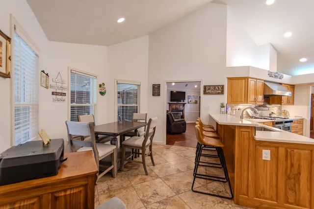 a view of a dining room with furniture