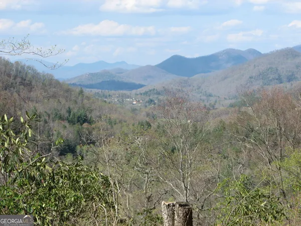a view of a mountain range with trees in the background
