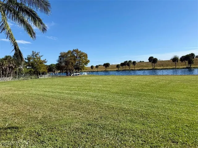 a view of a swimming pool and trees in the background
