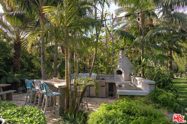 a view of a garden with a slide