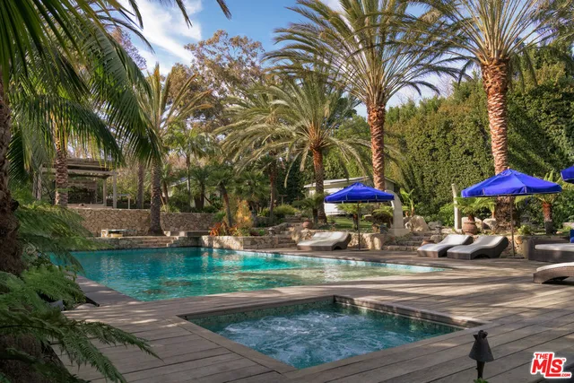 a view of a patio with couches and table and chairs under an umbrella with large trees