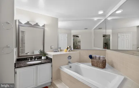 a bathroom with a tub sink and mirror