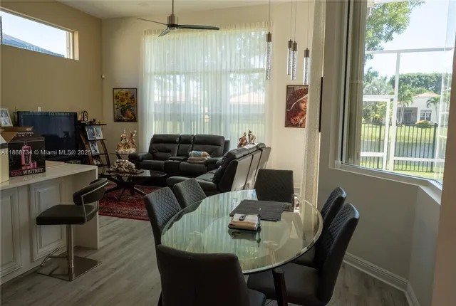 a view of a dining room with furniture window and wooden floor