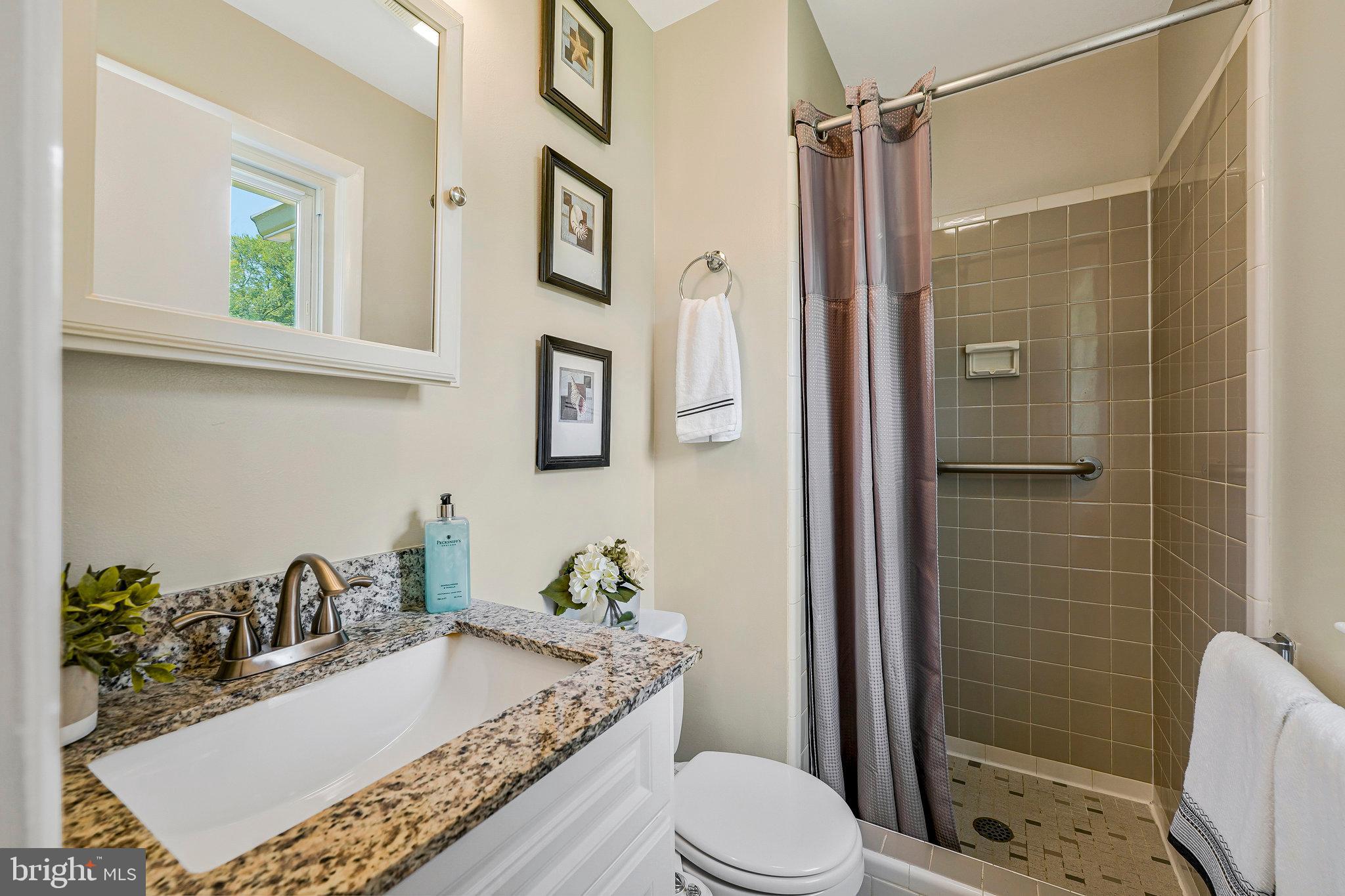 8230 Citadel Place Vienna, VA 22180 - Photo 16 of 38 a bathroom with a granite countertop sink a toilet and shower