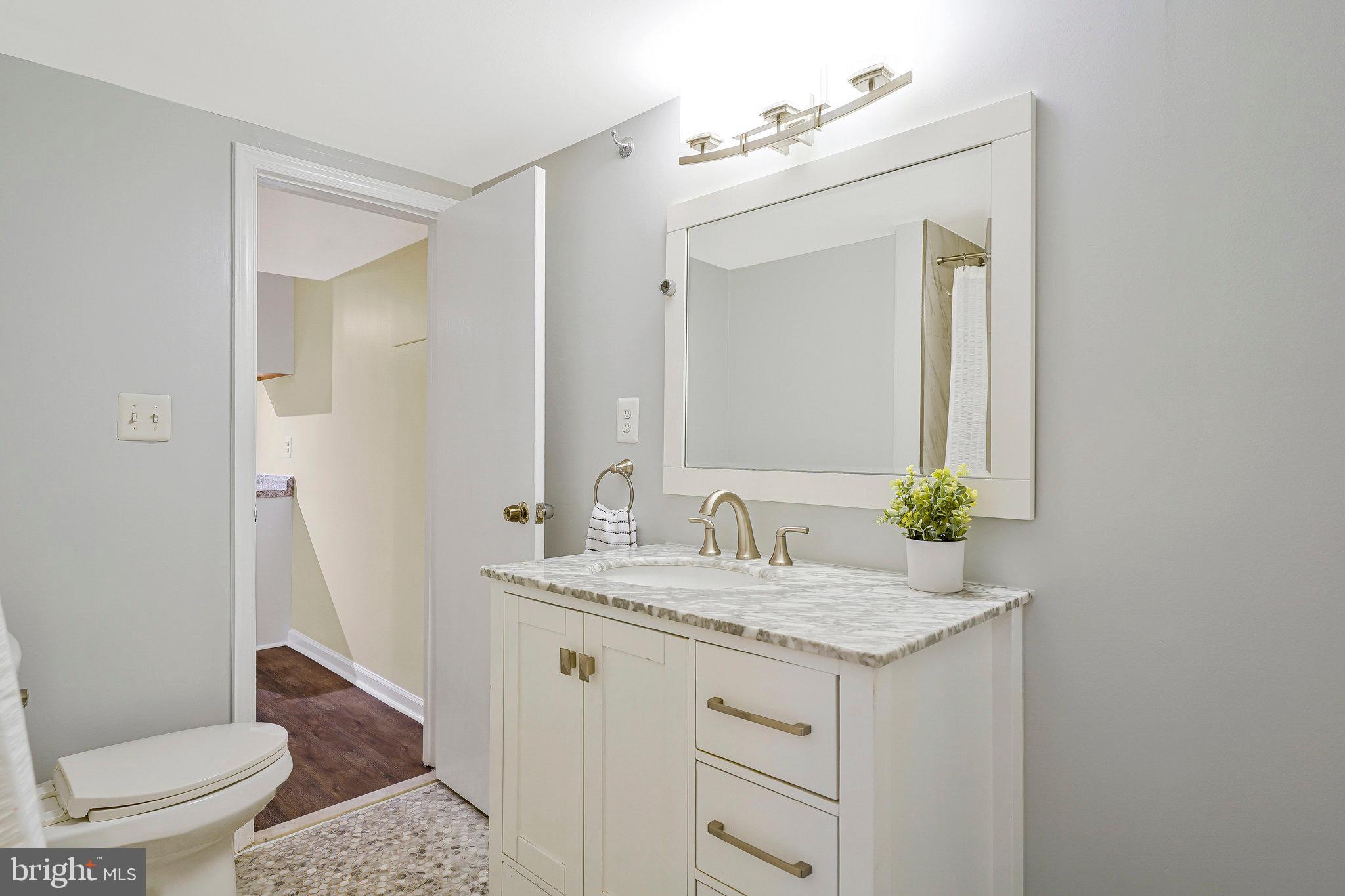 8230 Citadel Place Vienna, VA 22180 - Photo 26 of 38 a bathroom with a granite countertop sink a toilet and a mirror