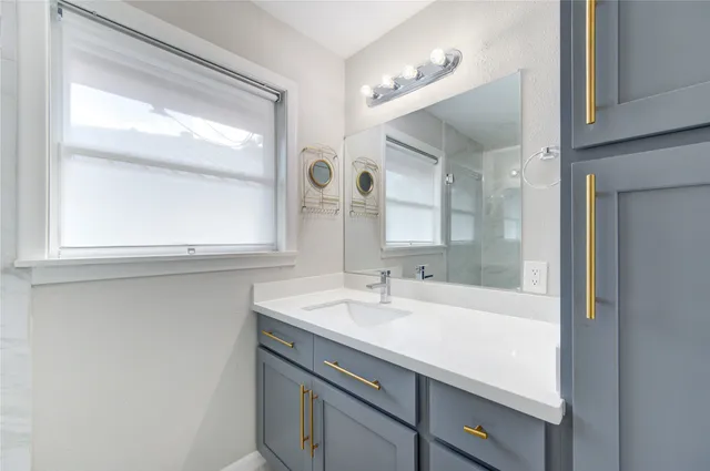 a bathroom with a sink and a large mirror