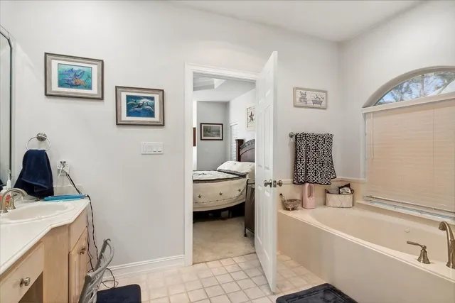 a bathroom with a tub sink and view