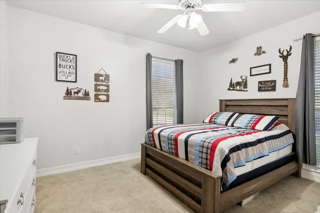 a bedroom with a bed and ceiling fan