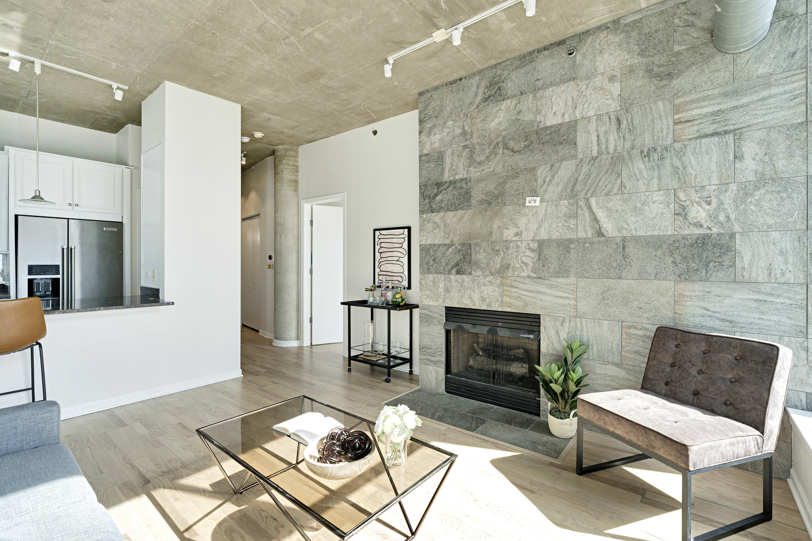 125 East 13th Street, Unit 1213 Chicago, IL 60605 - Photo 3 of 21 a living room with furniture and a fireplace