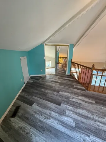 a view of a yard with plants and trees