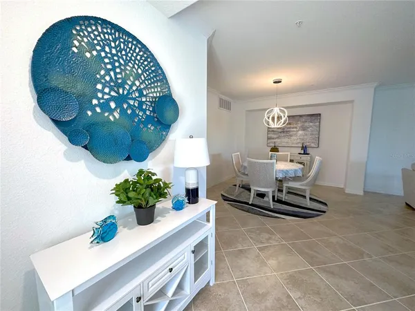 a living room with a chandelier