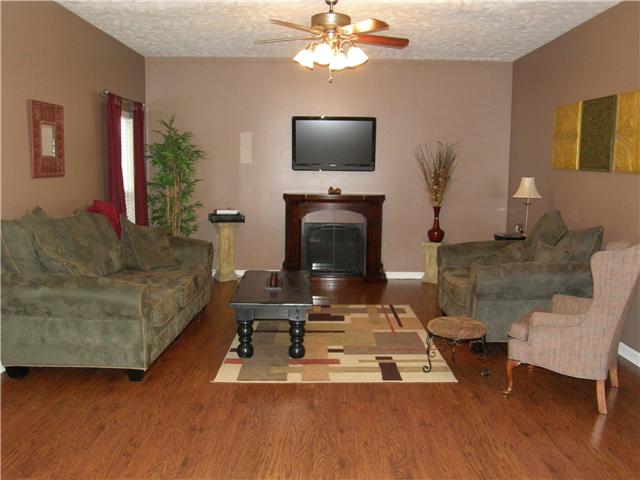 2038 Fiona Way Spring Hill, TN 37174 - Photo 6 of 20 Great Room with ceiling fan, access to the back patio and yard to the left and access to the over sized 2 car garage to the right. Notice the beautiful new floors.