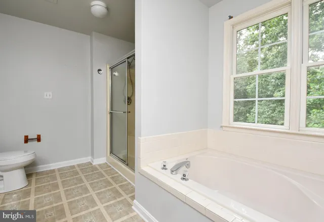 a bathroom with a bathtub and a toilet