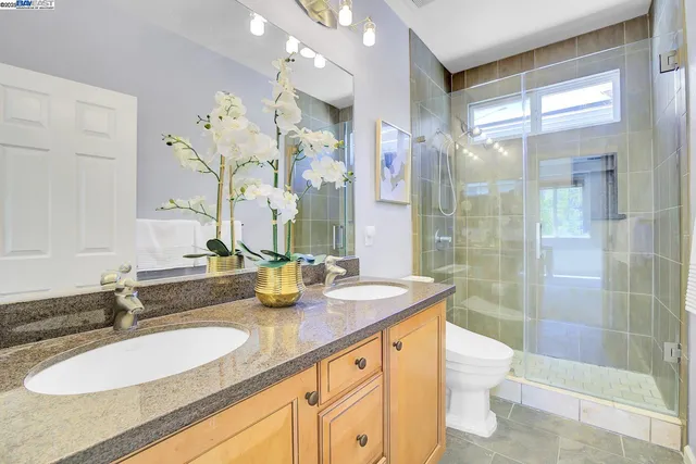 a bathroom with a granite countertop sink mirror toilet and shower