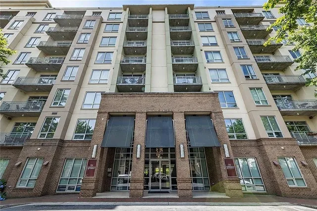 a front view of a multi story building