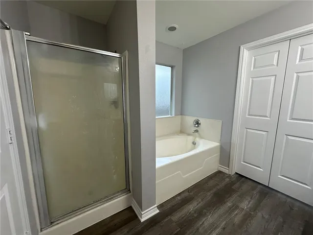 a bathroom with a bathtub and shower