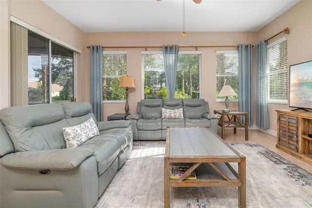 a living room with furniture and a large window