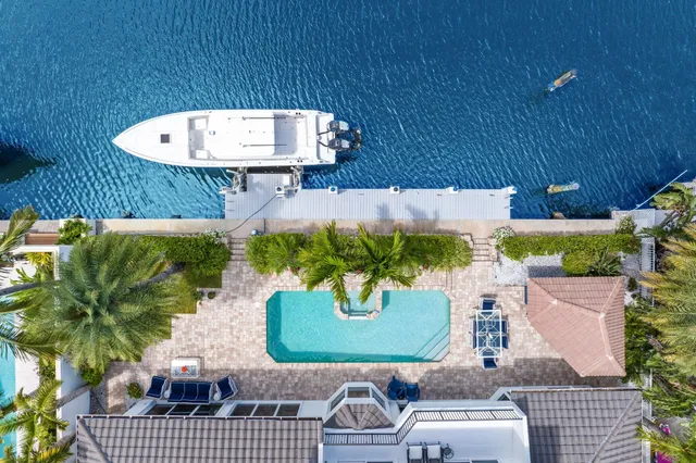 a view of a white house with a small yard plants and large tree