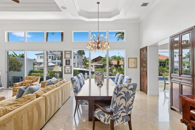 a view of a dining room with furniture wooden floor and chandelier