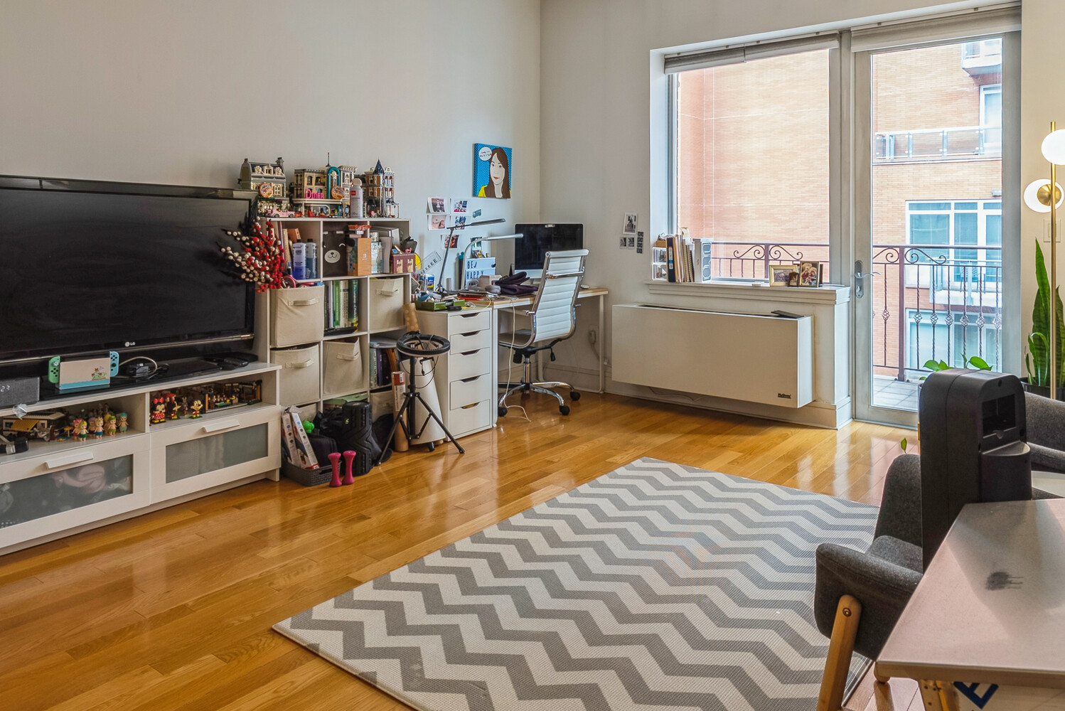 a view of a kitchen with workspace and a window