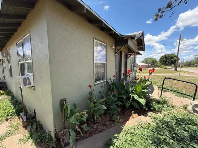 a house with potted plants in front of it