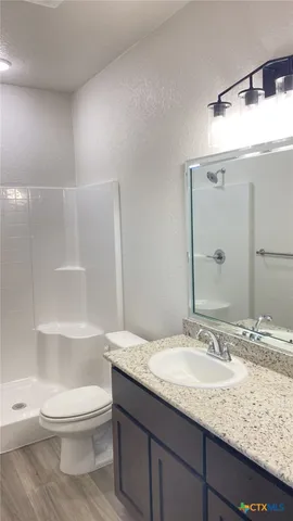 a bathroom with a granite countertop sink toilet and shower