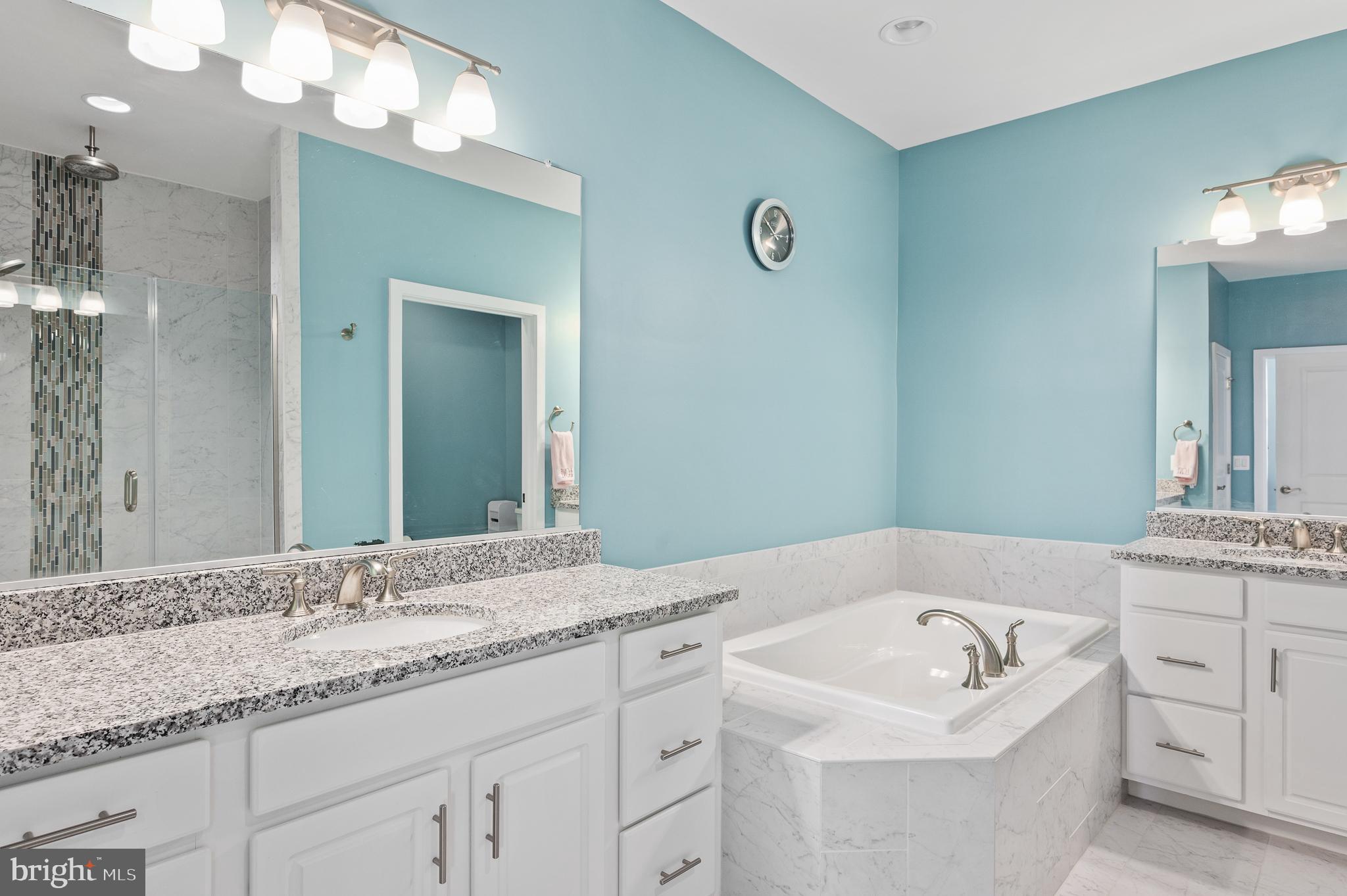 42791 Macbeth Terrace Ashburn, VA 20148 - Photo 31 of 63 a bathroom with a granite countertop sink mirror and bathtub