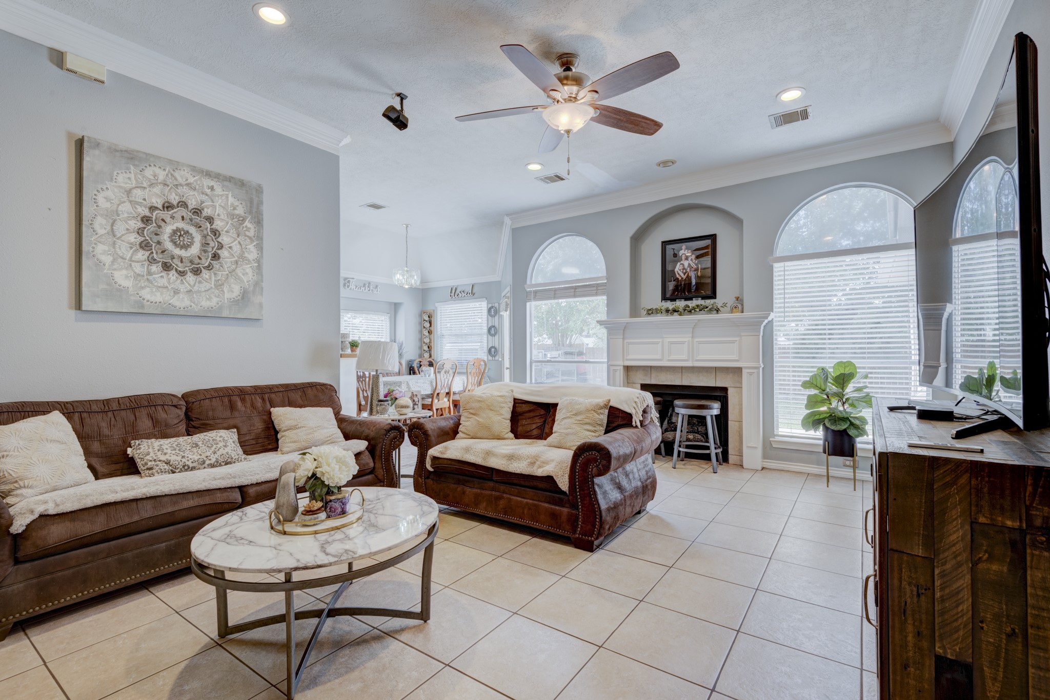 6723 Greenhouse Road Katy, TX 77449 - Photo 5 of 15 a living room with furniture a fireplace and a potted plant