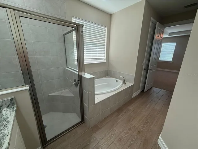 a bathroom with a bathtub and a shower